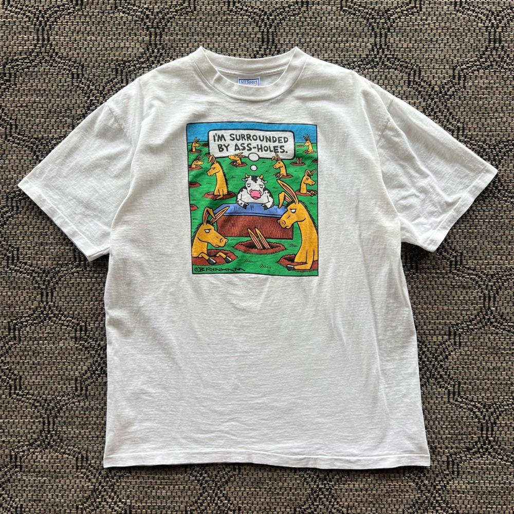 Vintage Farm T-Shirt Mens XL White Joke Parody Humour Surrounded By A**-holes